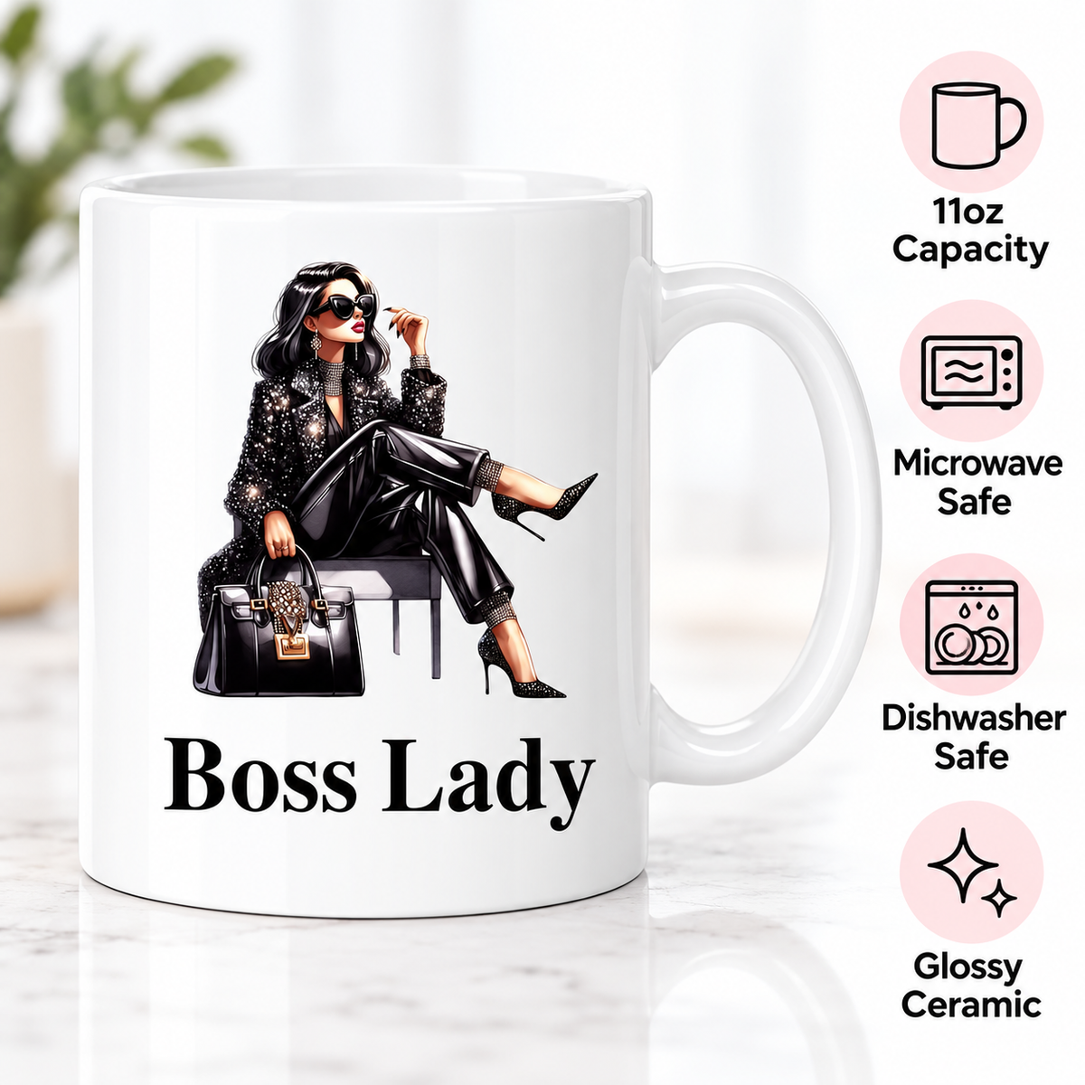 Boss Lady Cross Leg 11oz ceramic mug showing microwave and dishwasher safe features