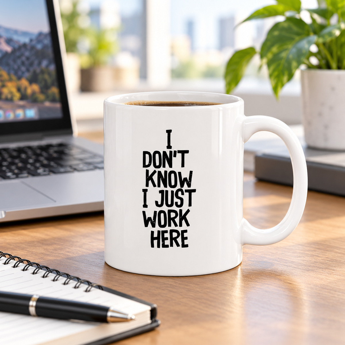 Funny I Don’t Know I Just Work Here mug on a modern office desk