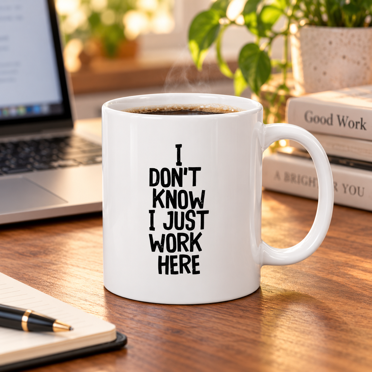 I Don’t Know I Just Work Here mug with coffee in a home office