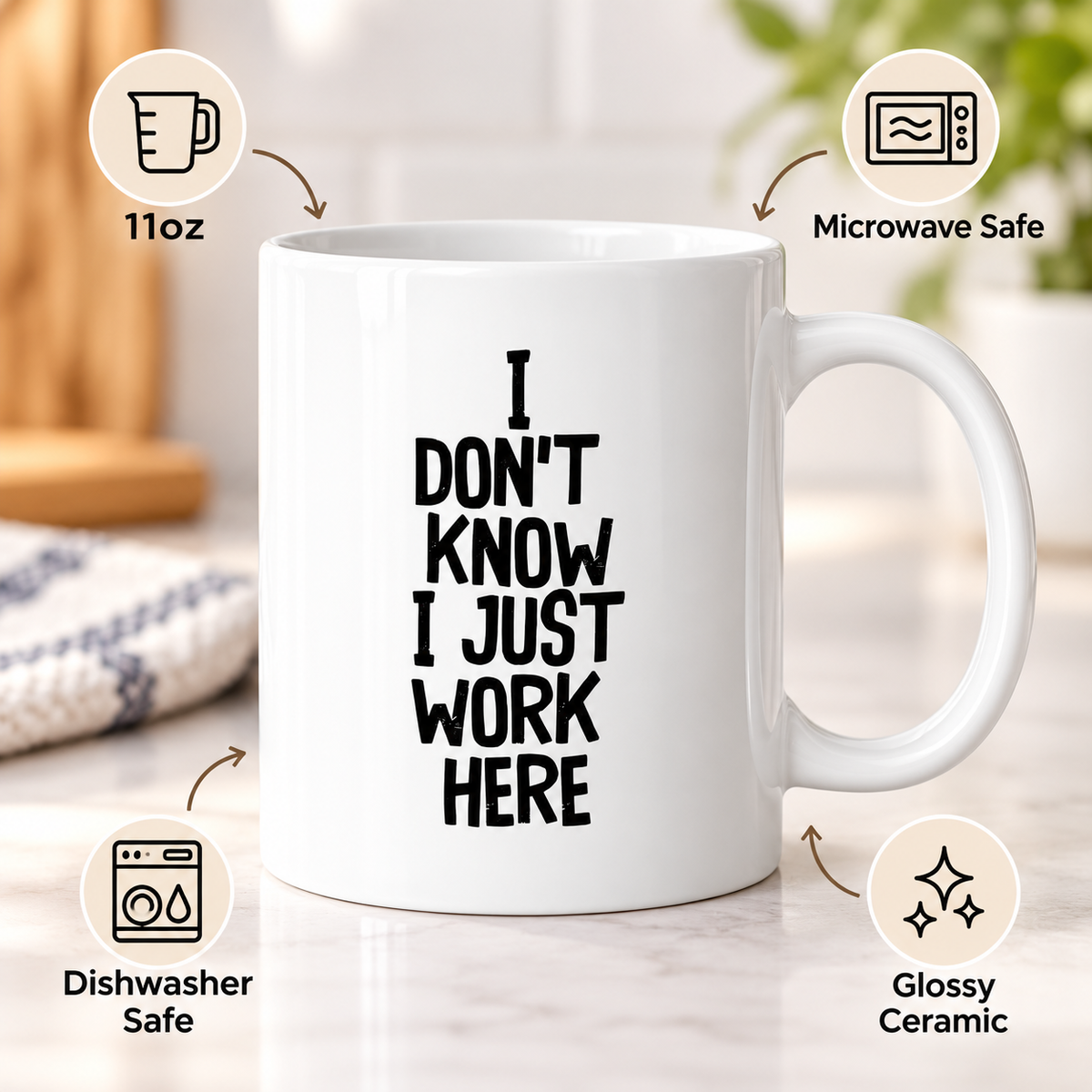 11oz ceramic office mug showing microwave and dishwasher safe features