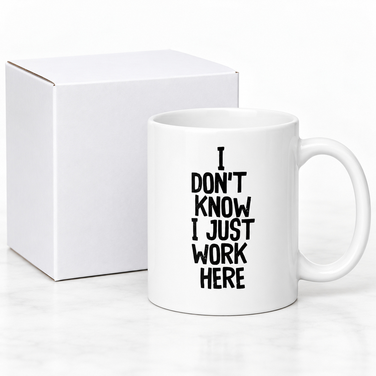 I Don’t Know I Just Work Here mug with protective white box