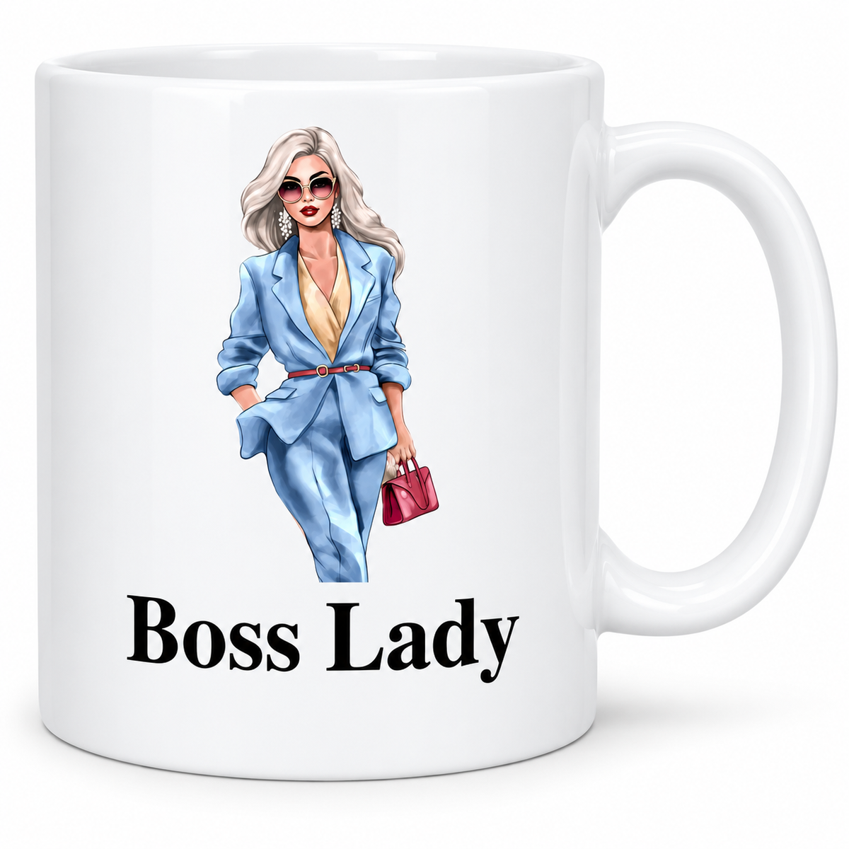 Close-up of Boss Lady mug featuring woman in blue suit with red handbag