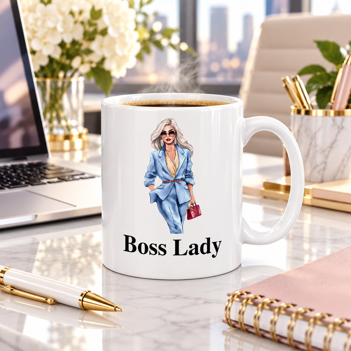 Boss Lady Red Bag ceramic mug on a modern office desk beside laptop and notebook