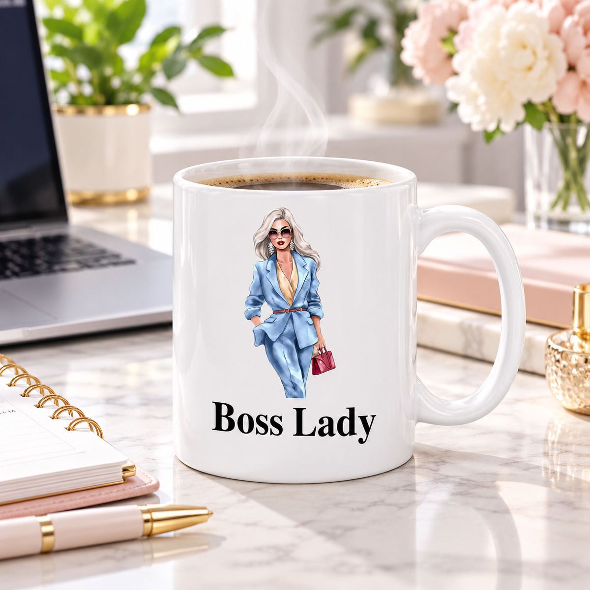 Boss Lady Red Bag 11oz mug with coffee in a stylish home office workspace