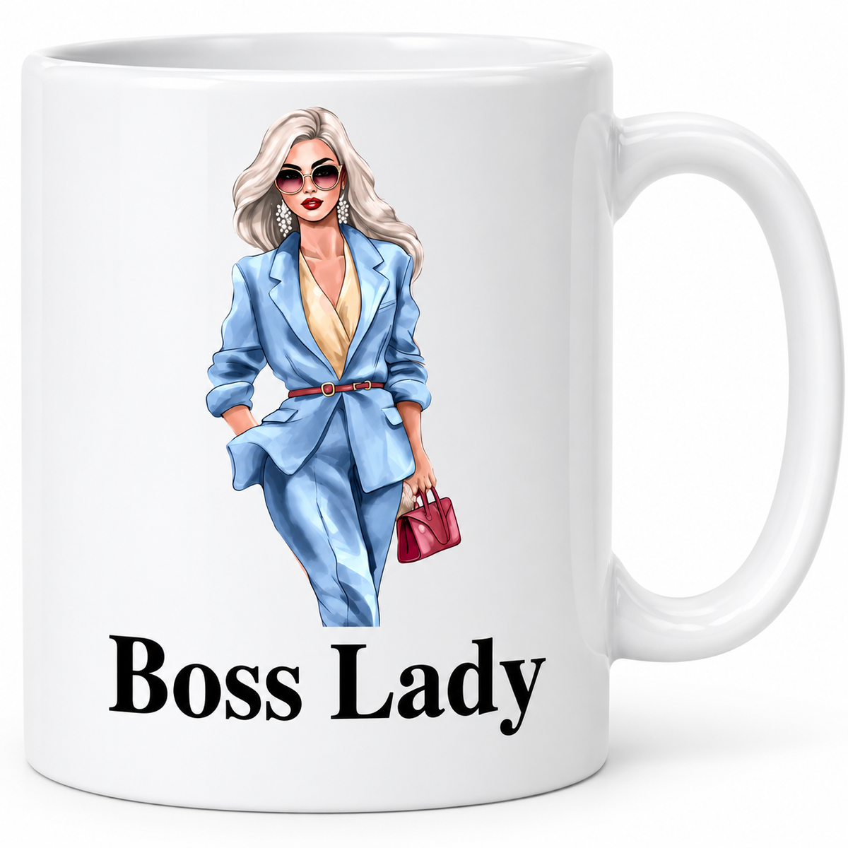 Boss Lady Red Bag 11oz white ceramic mug with stylish woman in blue suit design