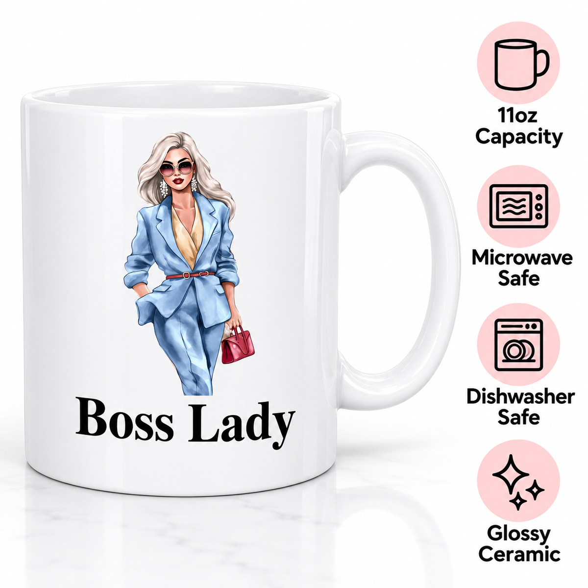 Boss Lady Red Bag 11oz ceramic mug showing microwave and dishwasher safe features
