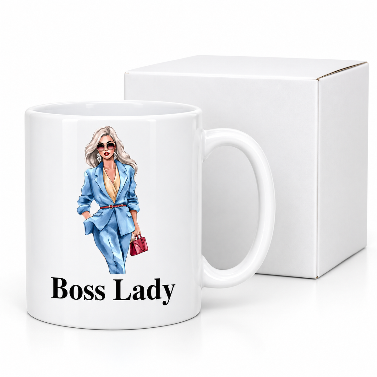 Boss Lady Red Bag ceramic mug with protective white presentation box