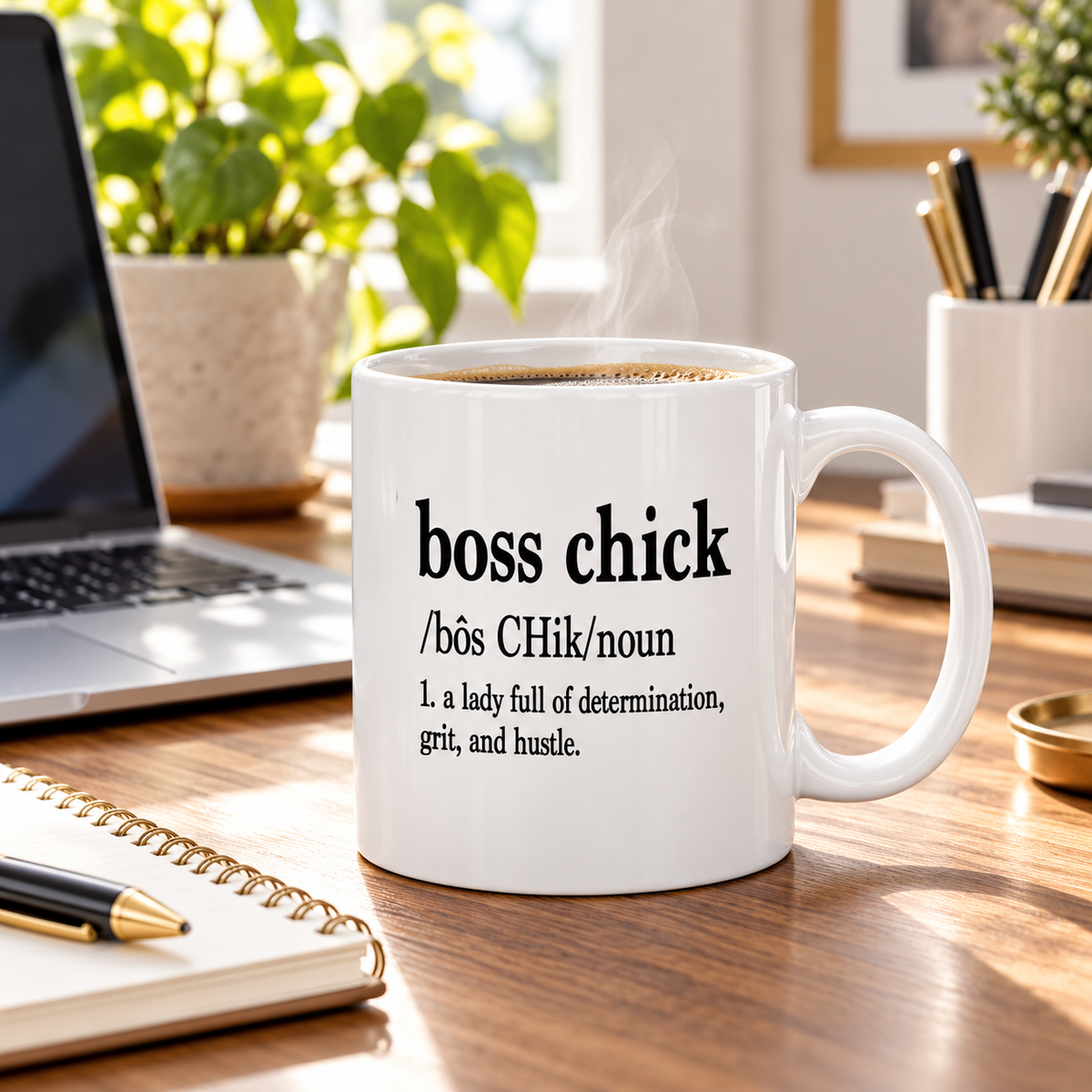 Boss Chick Definition mug with coffee in a modern home office