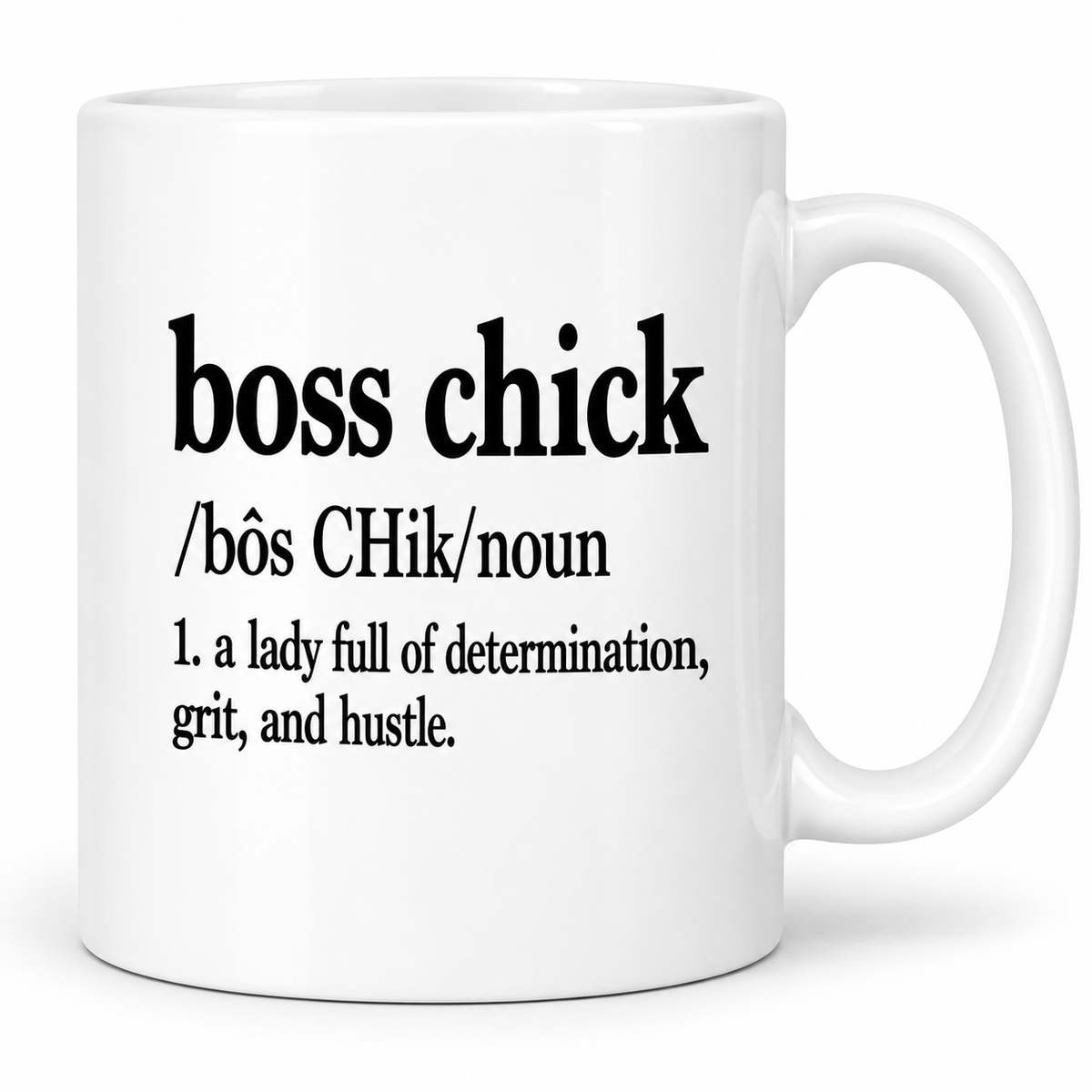 Close-up of Boss Chick mug showing determination grit and hustle definition