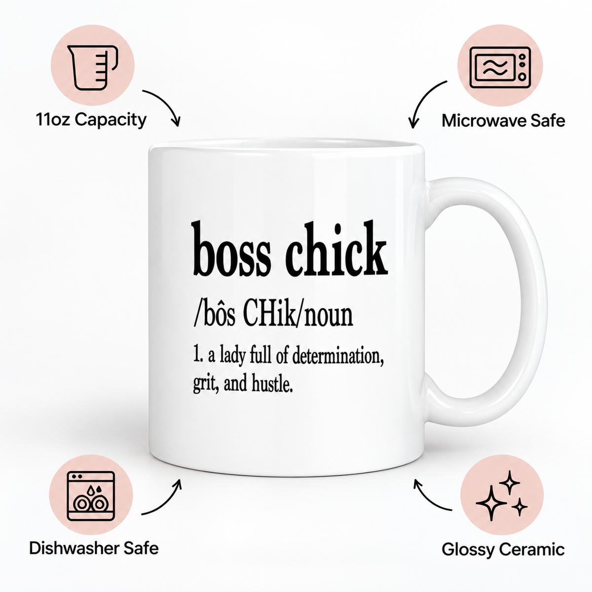 Boss Chick Definition 11oz ceramic mug showing microwave and dishwasher safe features